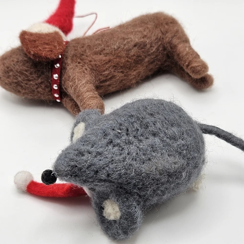 Felted Christmas Holiday Mouse and Dog Ornaments Sant Hats